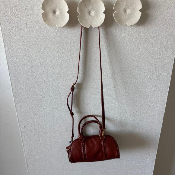 Zara Mini Leather Barrel Bag • Red Brown • Double Zip • Crossbody - Picture 6 of 9